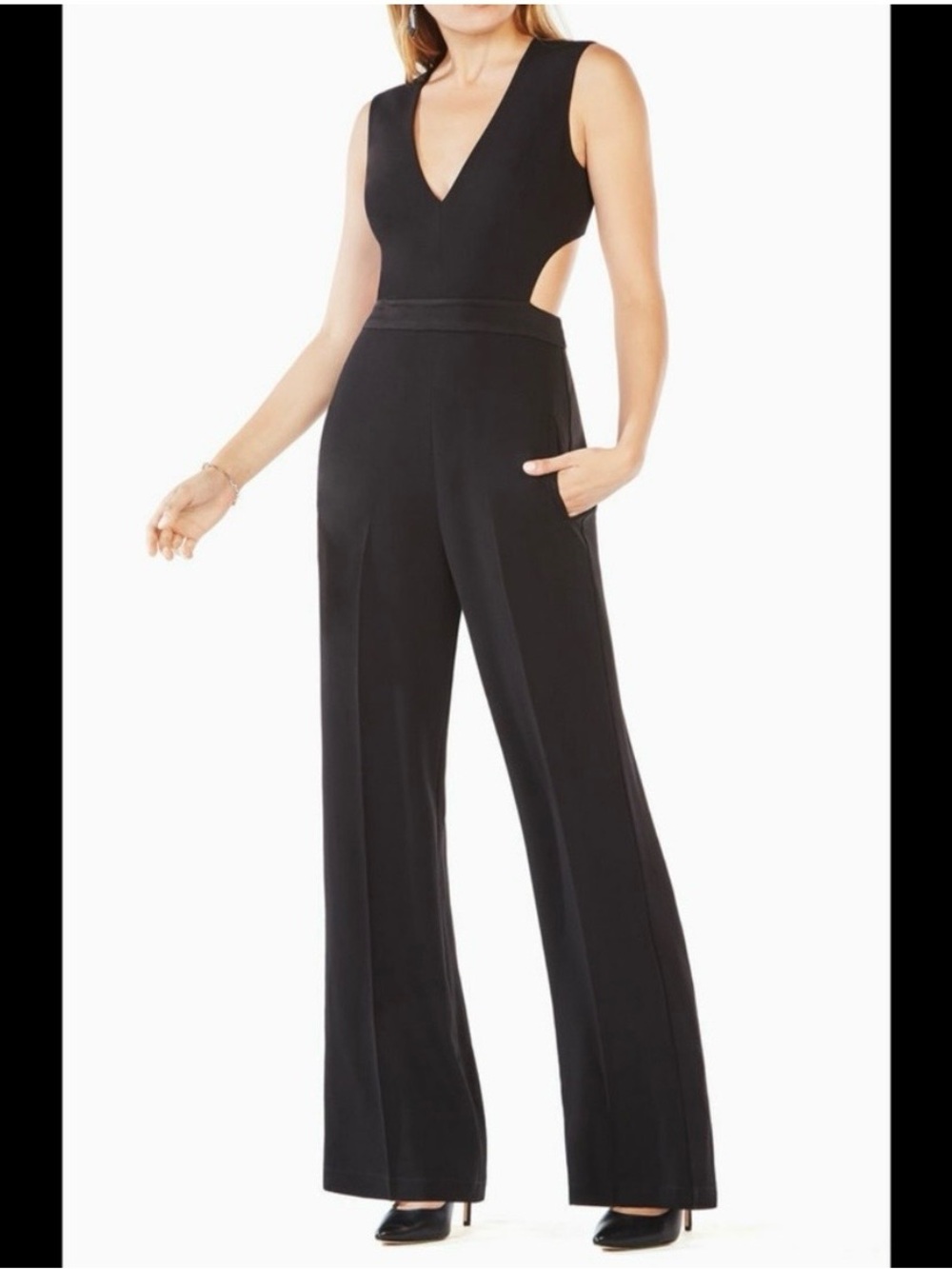 BCBGMaxAzria Black V-Neck Cutout Wide-Leg Jumpsuit